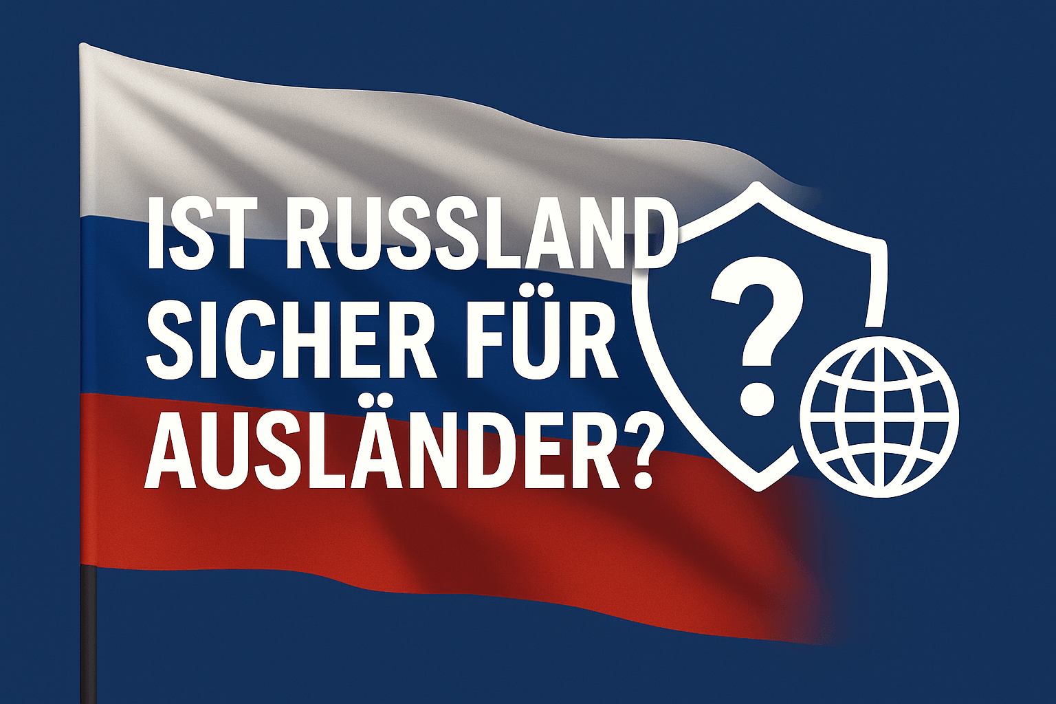 Russische Flagge mit Text „Ist Russland sicher für Ausländer?“ sowie Sicherheits- und Globussymbol im Titelbild.