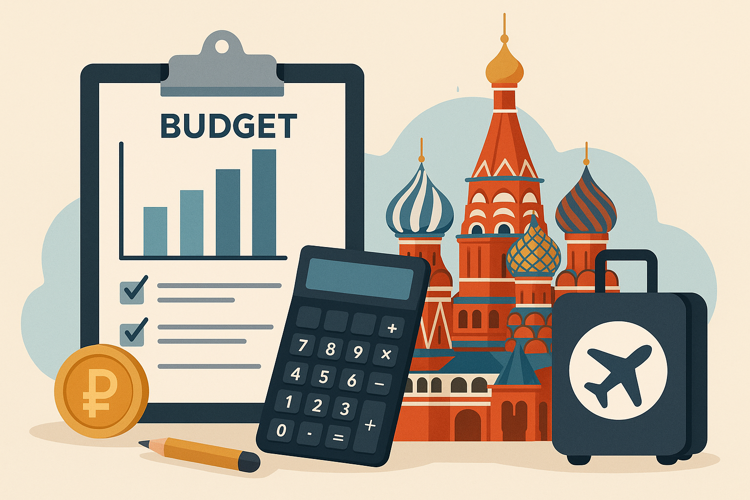 Illustration eines Budgets und Moskauer Wahrzeichen zur Migration nach Russland