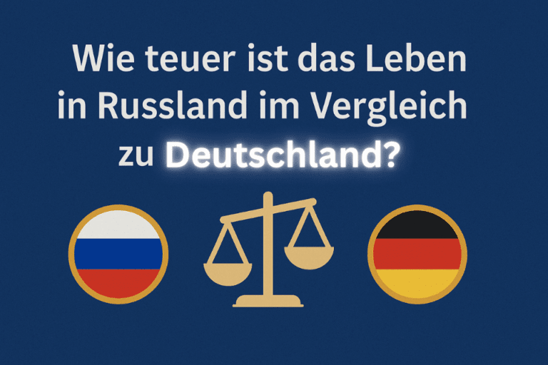 Symbolgrafik mit Russland- und Deutschland-Flagge sowie Waage zum Vergleich der Lebenshaltungskosten. Text: „Wie teuer ist das Leben in Russland im Vergleich zu Deutschland?“