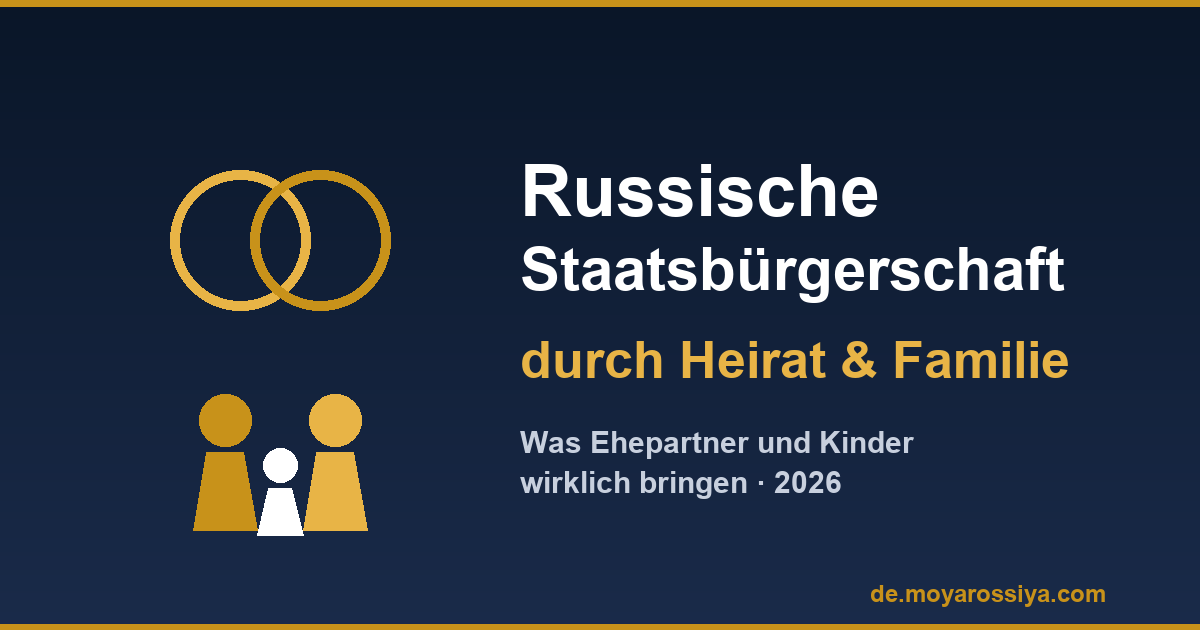 Russische Staatsbürgerschaft durch Heirat und Familie: Eheringe und Familiensymbol auf Navy-Gold-Hintergrund