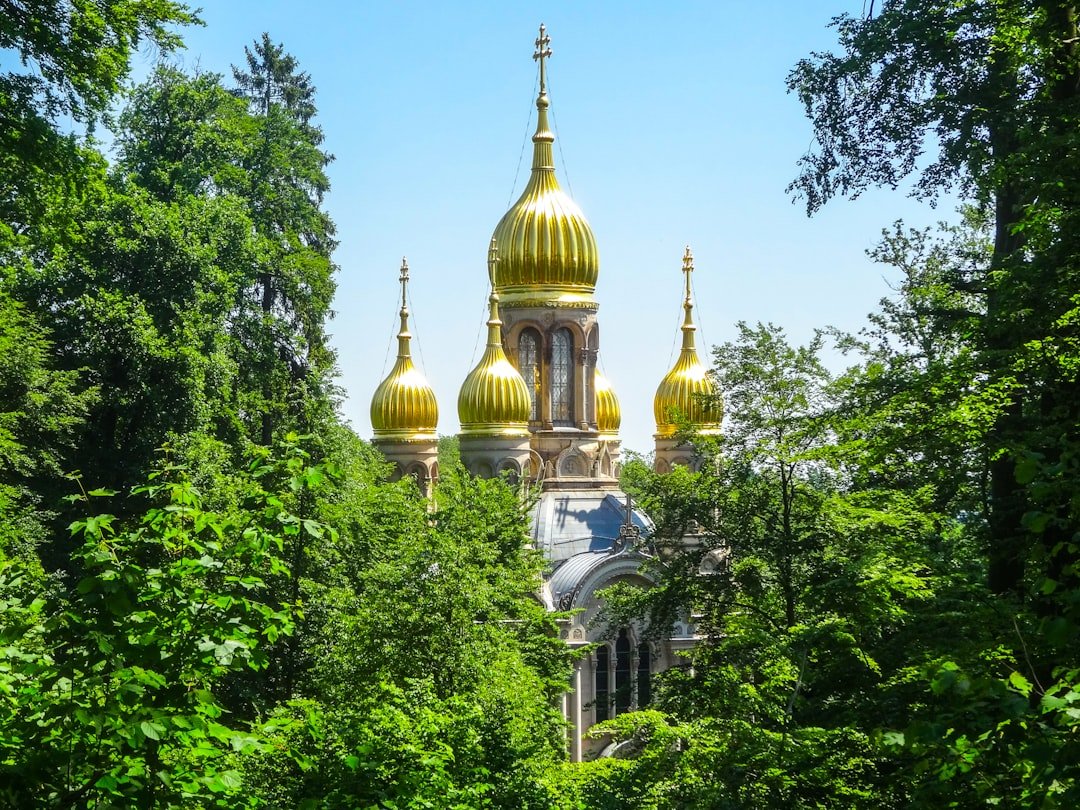 Golden domed church surrounded by lush green trees.