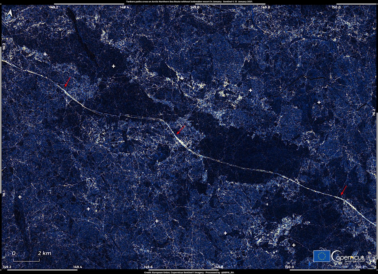 Tankers paths cross on Arctic Northern Sea Route without icebreaker escort in January.png